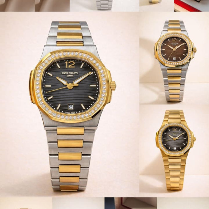 A collage of wristwatch product photos showing multiple two-tone metal watches with black, gold, and brown dials, including close-ups and some in packaging.